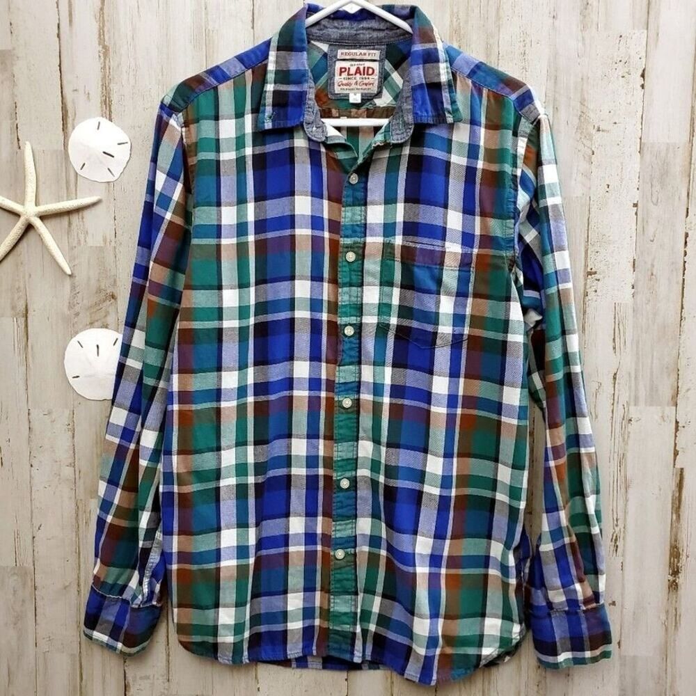 Old Navy Button Down Shirt Blue Plaid Size Medium